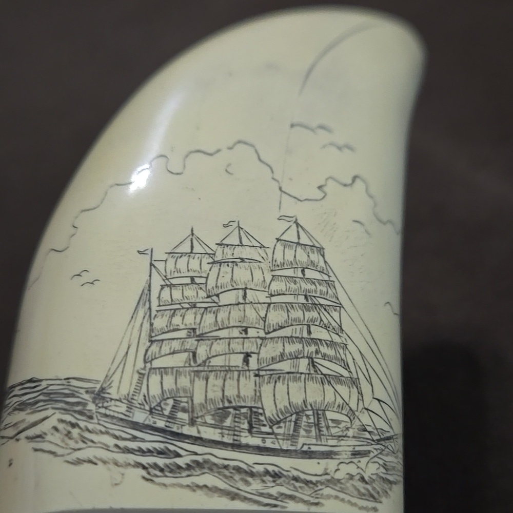 Faux Whale Tooth Scrimshaw Olde World Sailing Ship Replica - Picture 3 of 7